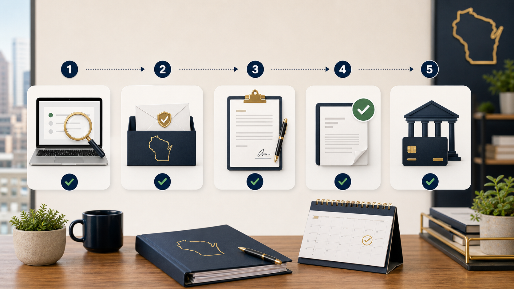 5-step Wisconsin LLC formation process: name search, file Articles of Organization with the DFI, sign documents, receive approval, open business bank accounts